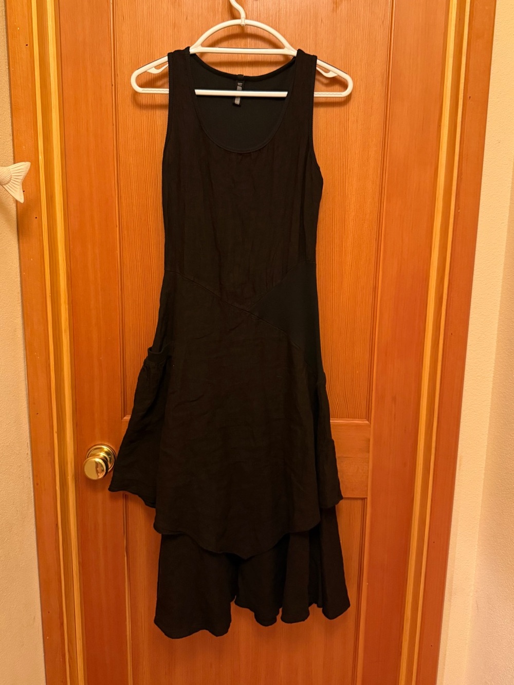 Ozone Design Italy Asymmetrical Mixed Media Linen Midi Dress Black